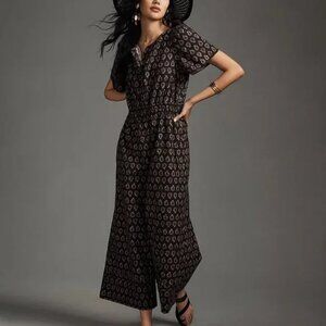 Anthropologie The Somerset Jumpsuit Wide Leg Black Boho Printed Sz S B11